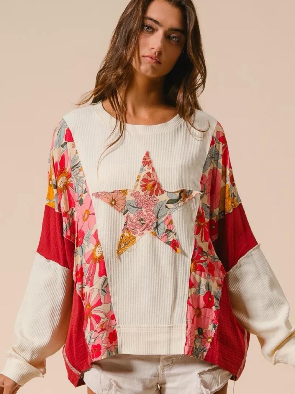 BiBi Floral Star Patchwork Waffle Knit Boho Top Size Medium